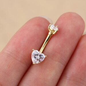 CM Crareesi Mania 14K Solid Gold Belly Rings Heart Cubic Zirconia Belly Button Piercing Rings 14G Yellow Gold Navel Piercing Jewellery Prong Set Navel Rings