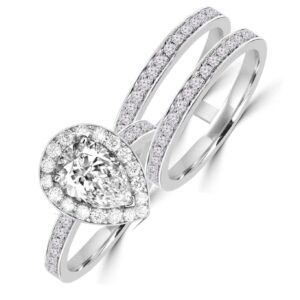 Diamonbella Realistic Simulated Diamond Pear Shaped Halo Ring Double Band Set 2 Carat Solid 925 Silver Platinum Plated DBP65