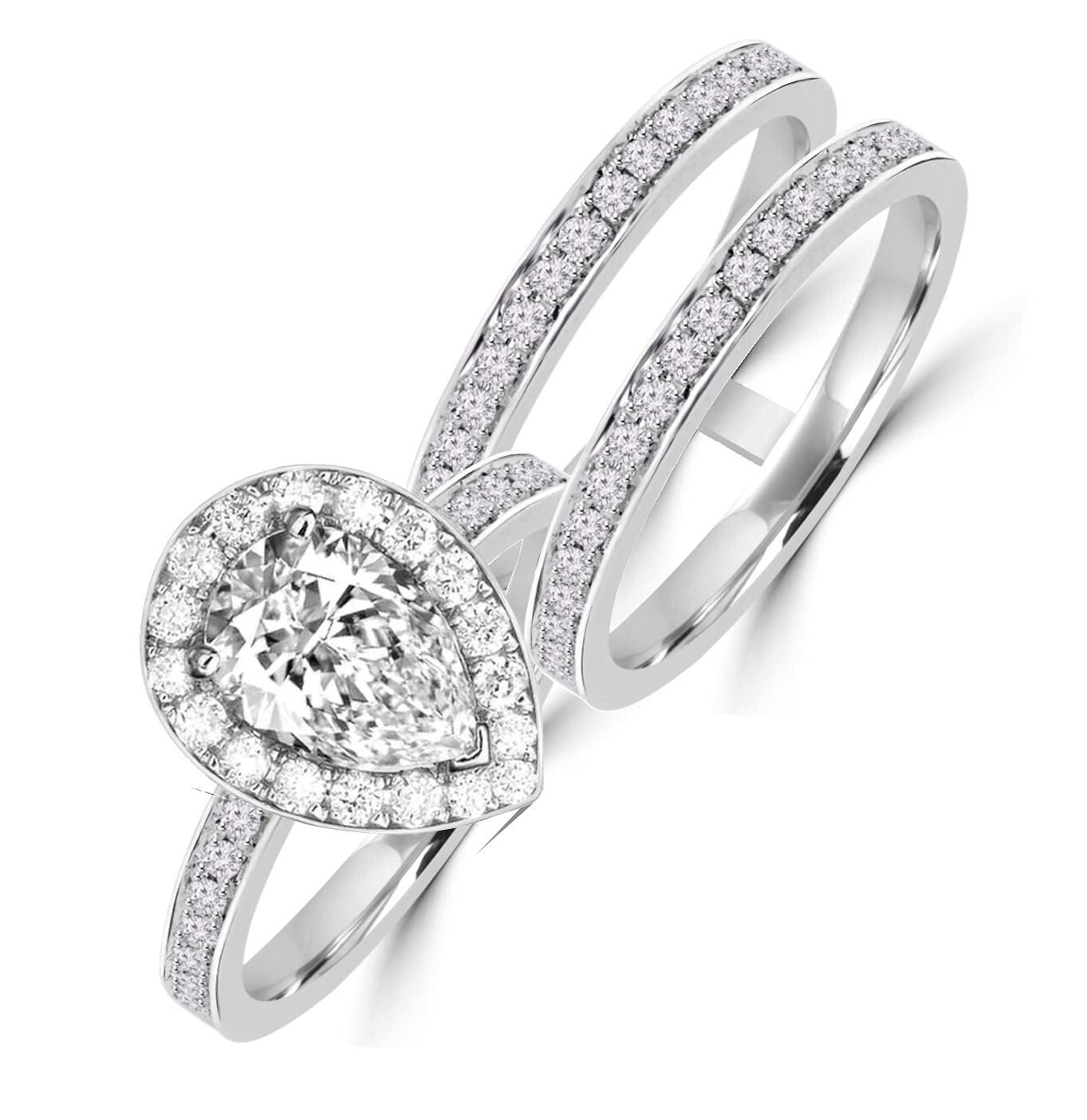 Diamonbella Realistic Simulated Diamond Pear Shaped Halo Ring Double Band Set 2 Carat Solid 925 Silver Platinum Plated DBP65