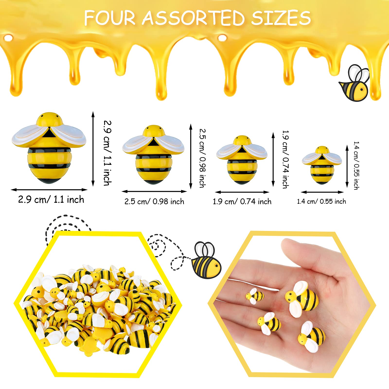 Waydress 105 Pieces Tiny Resin Bees Decor Honeybee Shape Resin Crafts Bumble DIY Bee Embellishments with Storage Box for Home Party Handicrafts Making Decorations, 4 Sizes