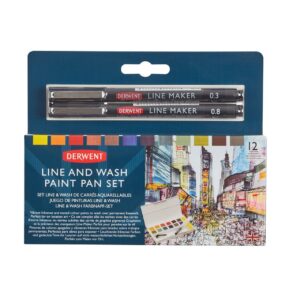 derwent line & wash paint set, professional quality, fine line pens, inktense colors, art supplies for adults, portable, travel set includes 12 paint pans, 2 line makers, mixing palettes, sponge