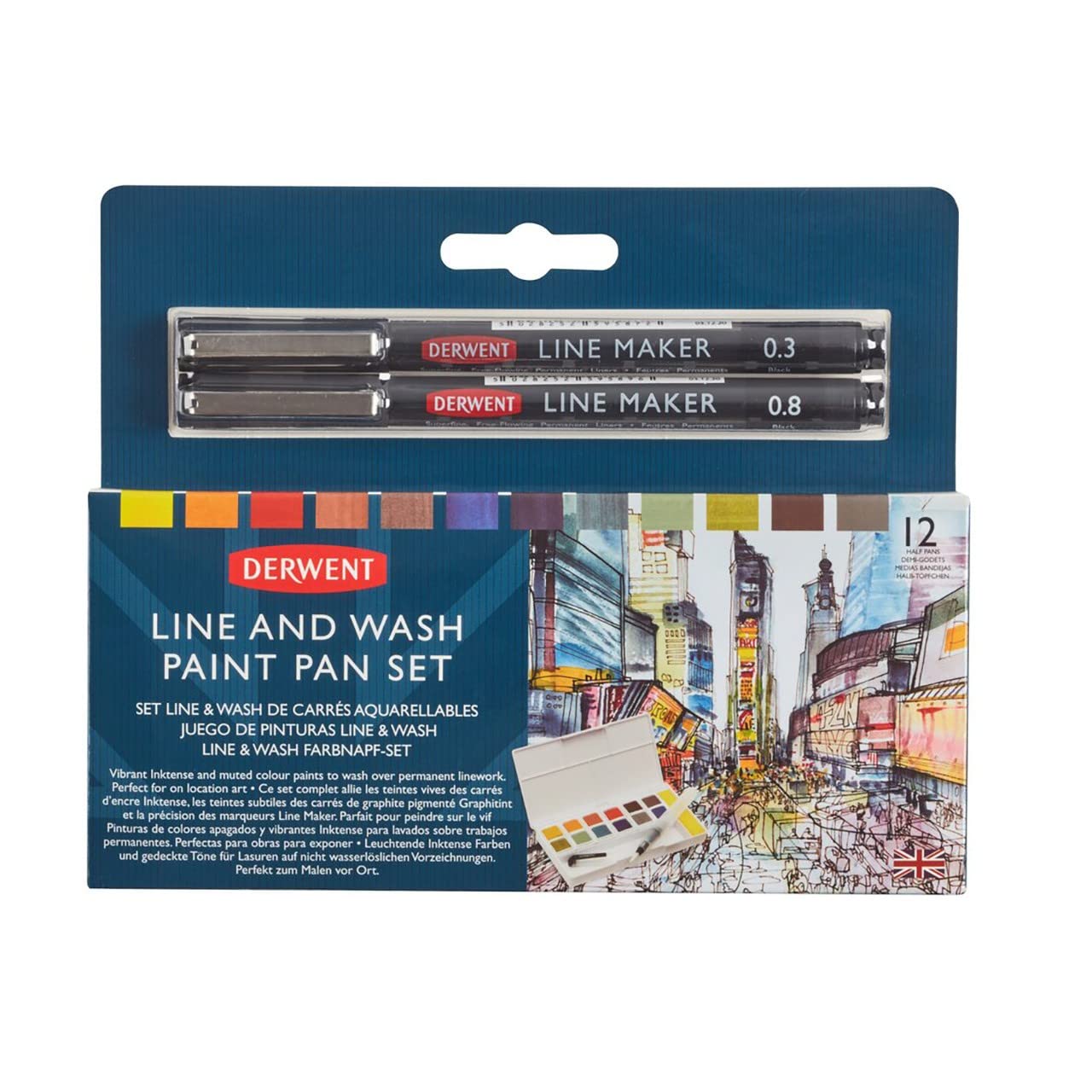 Derwent Line & Wash Paint Set, Professional Quality, Fine Line Pens, Inktense Colors, Art Supplies for Adults, Portable, Travel Set Includes 12 Paint Pans, 2 Line Makers, Mixing Palettes, Sponge