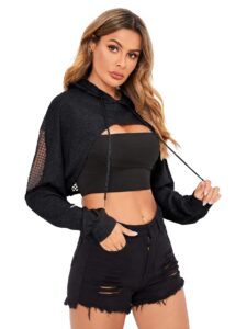 verdusa women's sheer fishnet drop shoulder drawstring hoodie crop sweatshirt black l