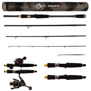 rigged and ready predator baitcaster spin travel fishing rod. hi-carbon cast spinning pole unique micro trigger +2 tips 220+185cm (6’+7’3”) angling options max cast weight 30g(1oz) 80g(2 3/4oz)