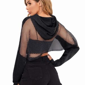 Verdusa Women's Sheer Fishnet Drop Shoulder Drawstring Hoodie Crop Sweatshirt Black L