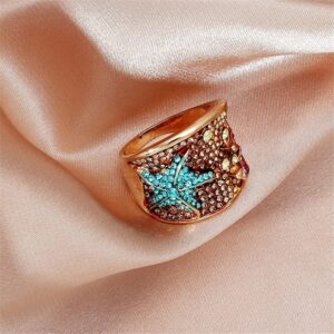 Ocean Starfish Statement Ring for Women Girls Wide Gold Vintage Blue Purple Crystal CZ Band Cocktail Party Rings Big Chunky Antique Exaggerated Jewelry Dainty Gift