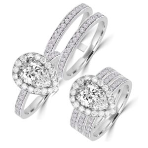 Diamonbella Realistic Simulated Diamond Pear Shaped Halo Ring Double Band Set 2 Carat Solid 925 Silver Platinum Plated DBP65