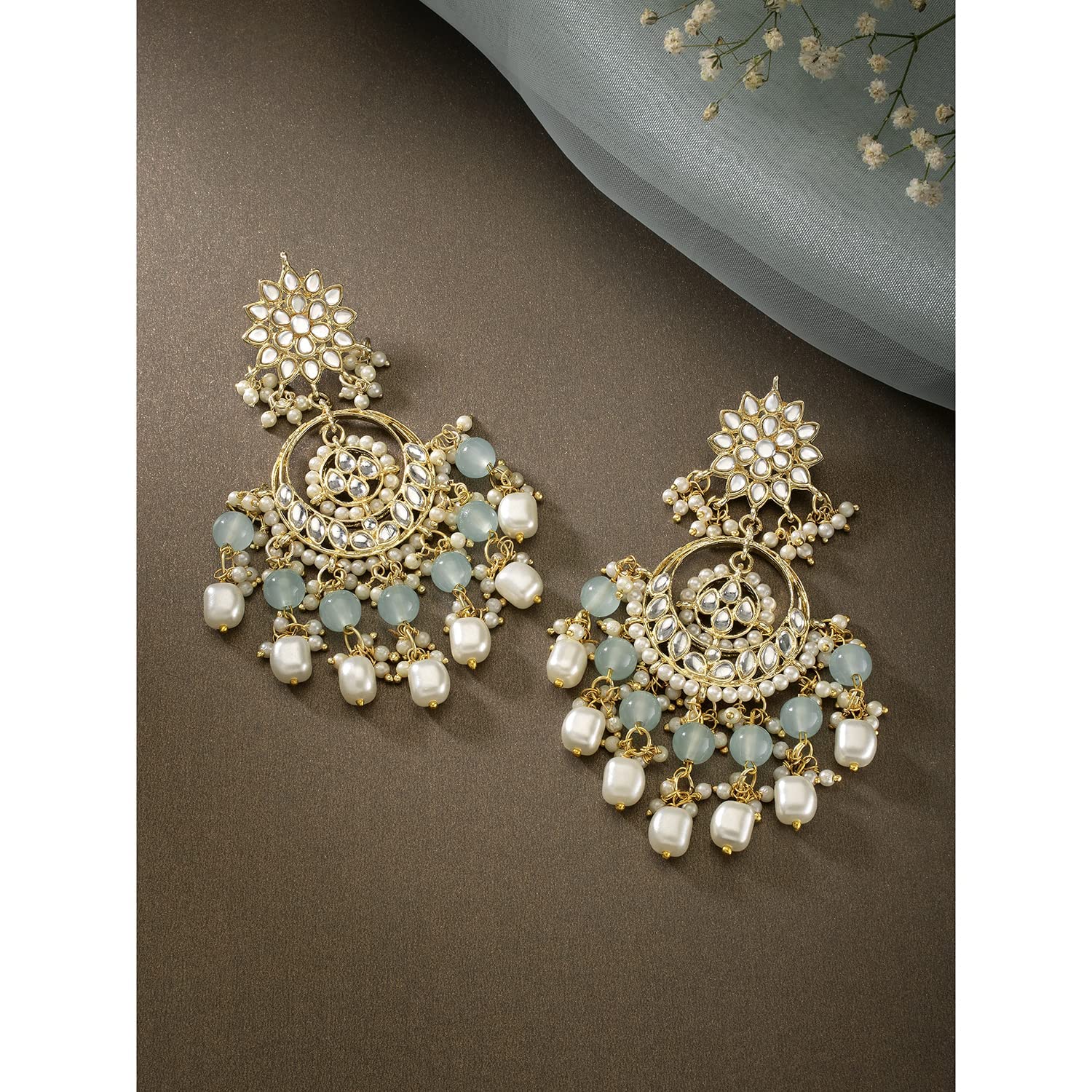 I Jewels Gold Plated Indian Wedding Bollywood Pearl Kundan Beaded Chandbali Earrings for Women (E2916Sb)