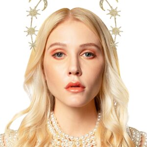 Star and Moon Halo Crown Goddess Crown Celestial Headband Starburst Halo Wedding Bridal Prom Tiara (2-Gold)