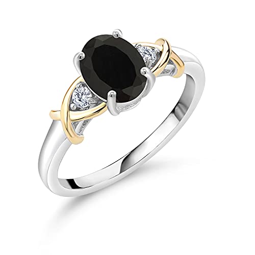 Gem Stone King 2 Tone 10K Yellow Gold and 925 Sterling Silver Black Onyx and White Lab Grown Diamond Ring For Women (1.68 Cttw, Gemstone Birthstone, Available In Size 5, 6, 7, 8, 9)