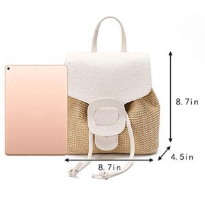 Hoce Straw Backpack Purse Mini Drawstring Flap Backpack for Women Beach (White)