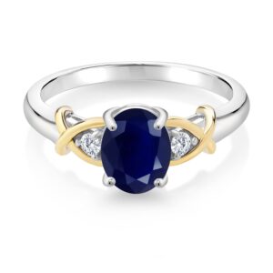 Gem Stone King 10K Yellow Gold and 925 Sterling Silver Blue Sapphire and White Lab Grown Diamond Engagement Ring For Women | 1.88 Cttw | Oval 8X6MM | Ring Size 5-9