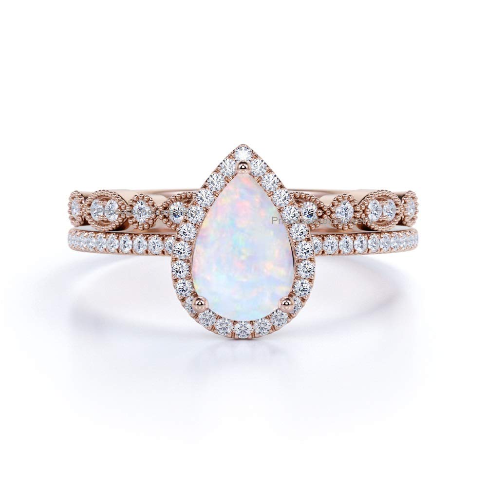 Art Deco Two Piece Wedding Engagement Bridal Set Ring Band Pear Opal & CZ 925 Sterling Silver 14K Rose Gold Over 7