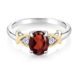 Gem Stone King 2 Tone 10K Yellow Gold and 925 Sterling Silver Red Garnet and White Lab Grown Diamond Ring For Women (1.58 Cttw, Available in Size 5,6,7,8,9)