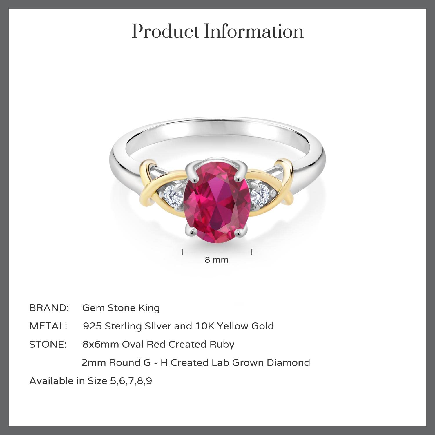 Gem Stone King 10K Yellow Gold and 925 Sterling Silver Red Created Ruby and White Lab Grown Diamond Ring For Women (1.43 Cttw, Oval 8X6MM, Available in Size 5,6,7,8,9)