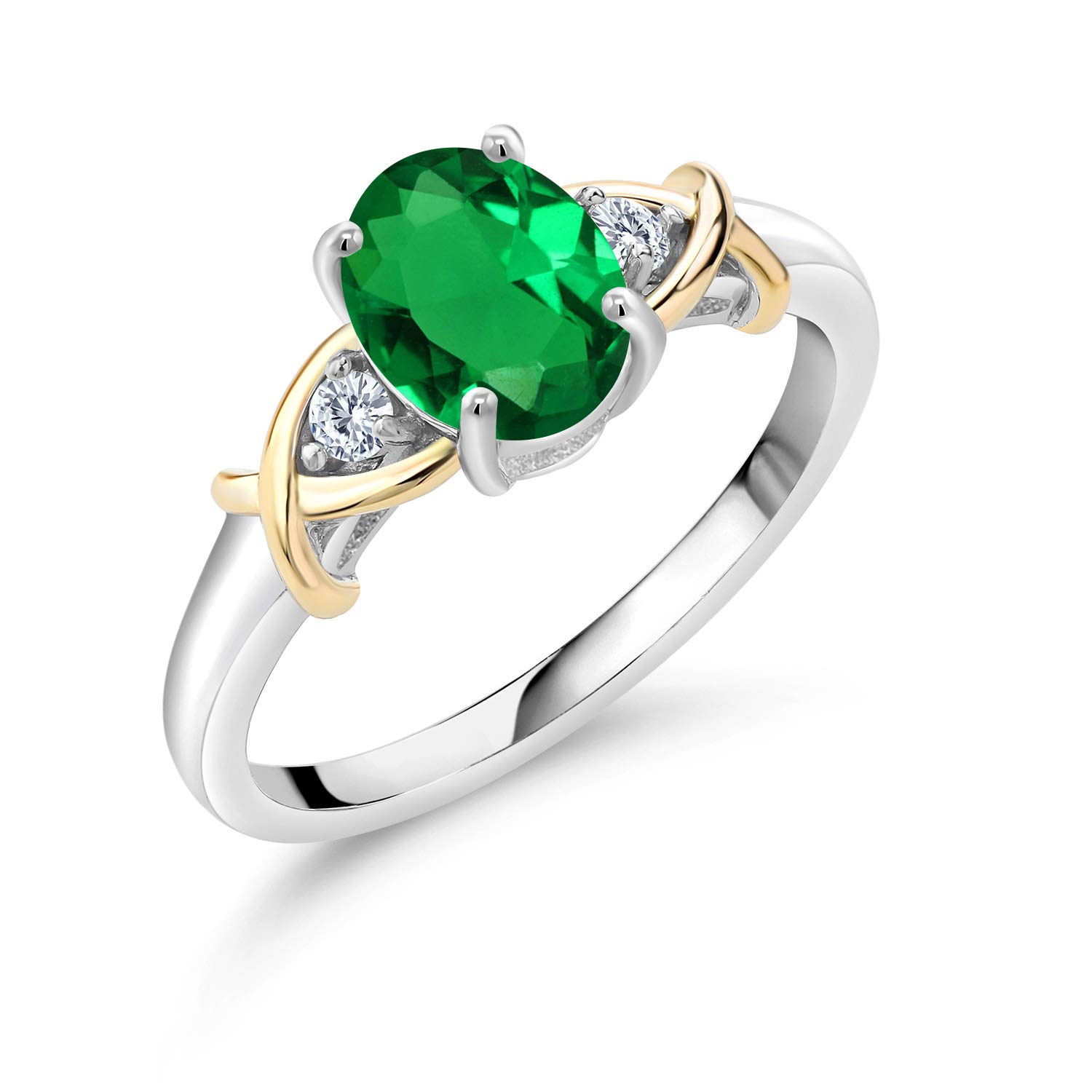 Gem Stone King 10K Yellow Gold and 925 Sterling Silver Green Nano Emerald and Lab Grown Diamond Engagement Ring For Women | 0.83 Cttw | Oval 8X6MM | Size 5-9