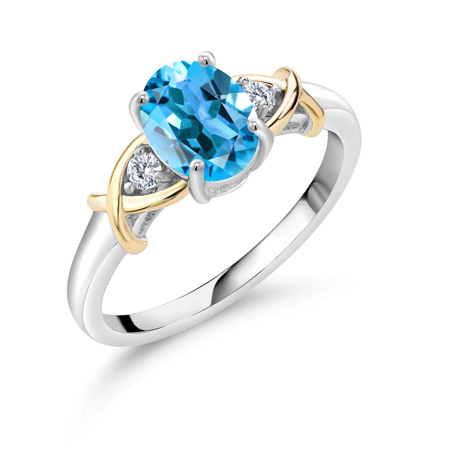 Gem Stone King 2 Tone 10K Yellow Gold and 925 Sterling Silver Swiss Blue Topaz and Lab Grown Diamond Ring For Women (1.58 Cttw, Gemstone Birthstone, Available In Size 5, 6, 7, 8, 9)