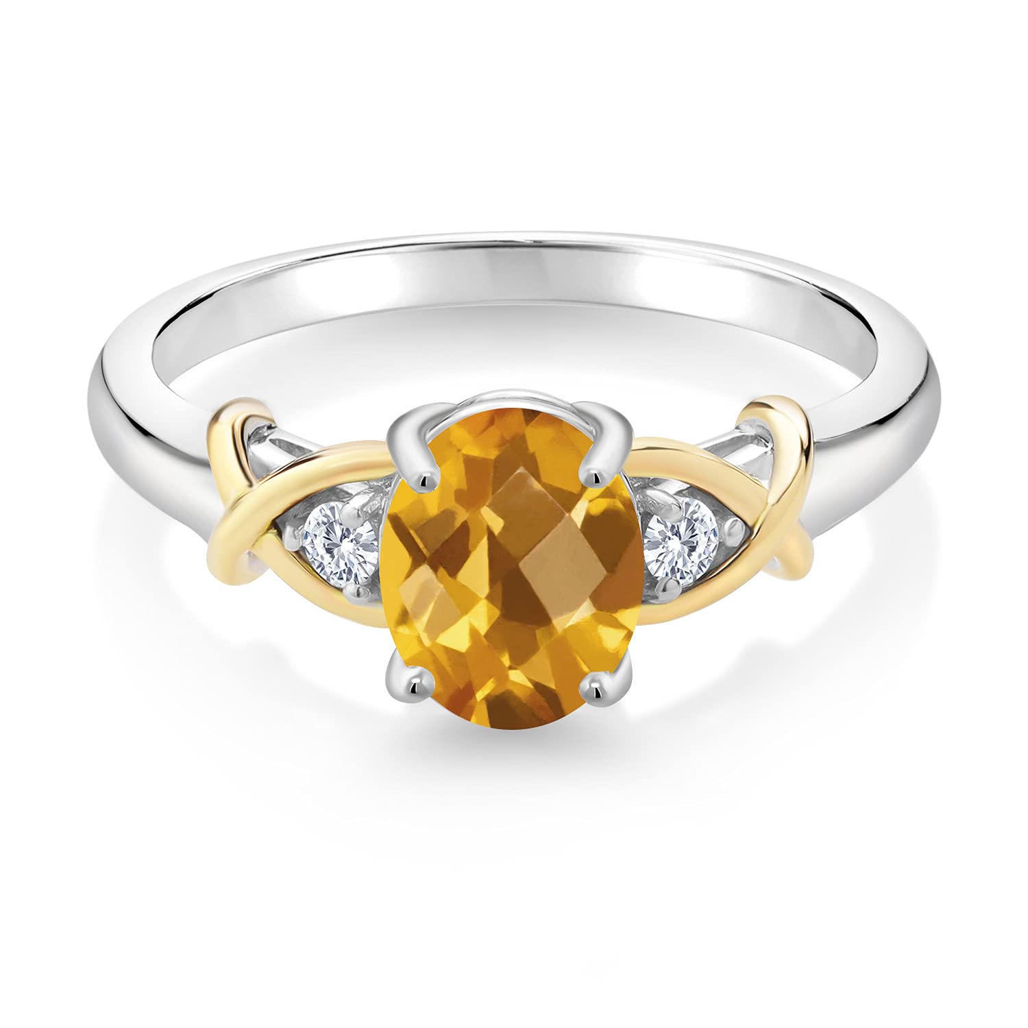 Gem Stone King 2 Tone 10K Yellow Gold and 925 Sterling Silver Oval Checkerboard Yellow Citrine and Lab Grown Diamond Women Ring (1.33 Cttw, Gemstone Birthstone, Available In Size 5, 6, 7, 8, 9)