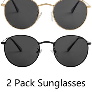 Onrtry Small Round Polarized Sunglasses for Men Women Classic Circle Metal Frame Sun Glasses 2 Pack (Gold/Black + Black/Black)