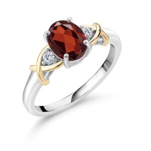 Gem Stone King 2 Tone 10K Yellow Gold and 925 Sterling Silver Red Garnet and White Lab Grown Diamond Ring For Women (1.58 Cttw, Available in Size 5,6,7,8,9)