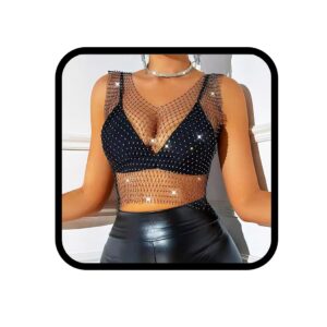 graeen mesh rhinestone crop top sleeveless crystal bra chain underwear elastic hand-woven fishnet bikini top sxey nightclub body chain jewelry for women (black a)