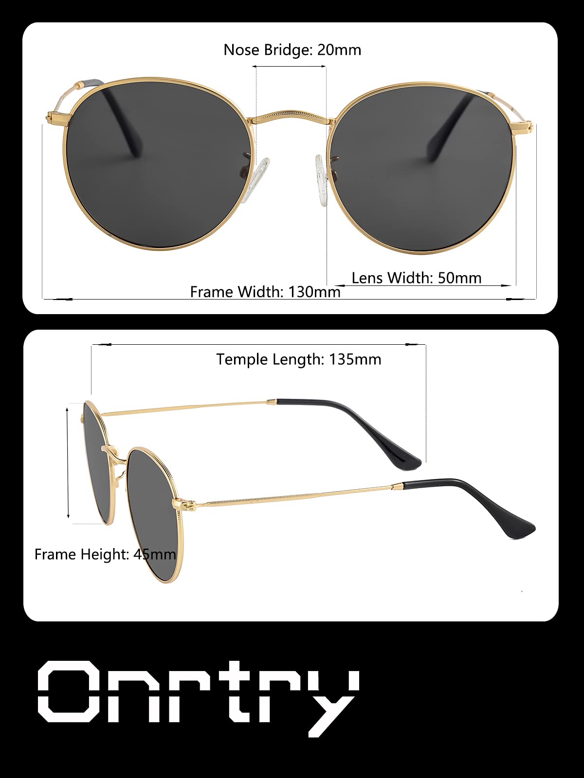 Onrtry Small Round Polarized Sunglasses for Men Women Classic Circle Metal Frame Sun Glasses 2 Pack (Gold/Black + Black/Black)