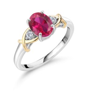 gem stone king 10k yellow gold and 925 sterling silver red created ruby and white lab grown diamond ring for women (1.43 cttw, oval 8x6mm, available in size 5,6,7,8,9)