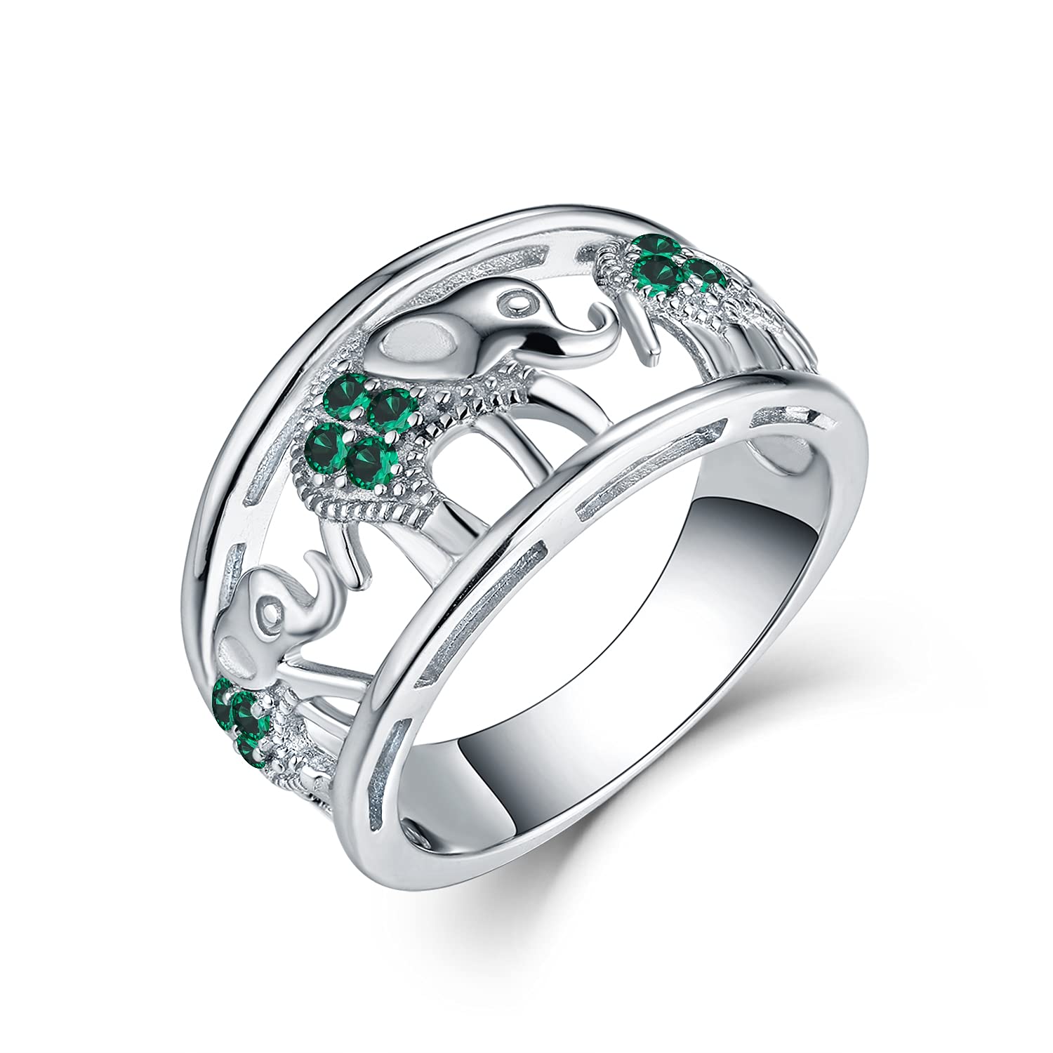 JO WISDOM 925 Sterling Silver Cubic Zirconia Elephant Ring Animal Rings,May Birthstone Emerald Color Jewelry Rings for Women size 7