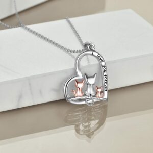 POPLYKE Cat Necklace for Women 925 Sterling Silver Family Cat Heart Necklace for Mother Grandma (silver-3 cats)