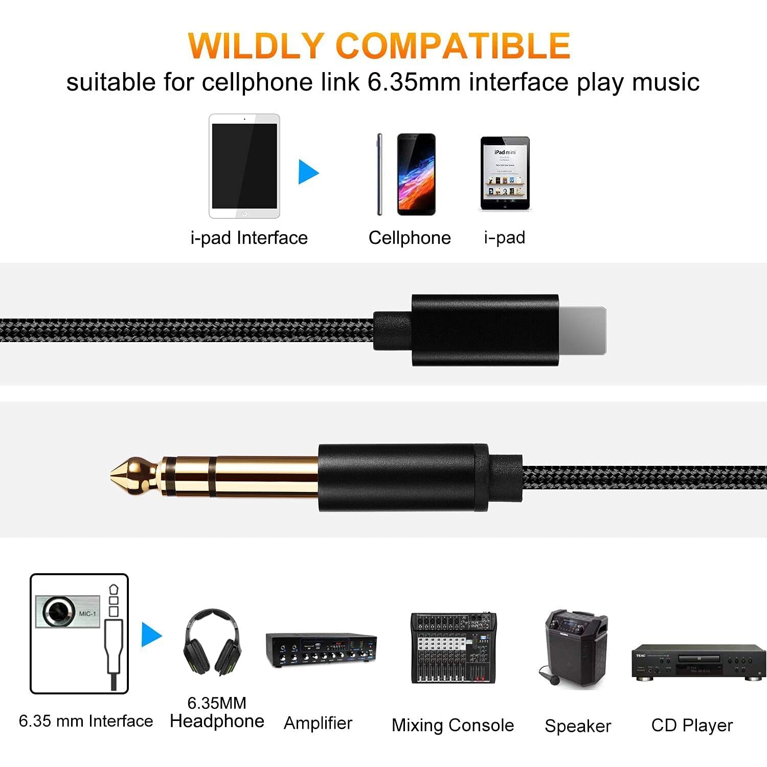 WLTASUY [MFi Certified 3.3FT Lighting to 1/4 TRS Audio Stereo Cable, 6.35mm 1/4 Male Aux Audio Cord Compatible with iPad, iPhone 13 Pro for Amplifier, Mixer, Home Theater, Speaker ect