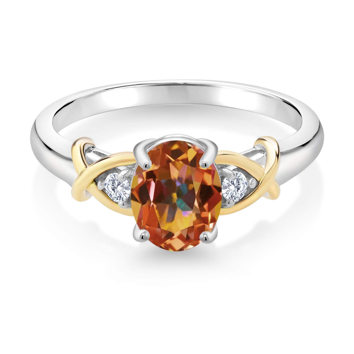 Gem Stone King 2 Tone 10K Yellow Gold and 925 Sterling Silver Ecstasy Mystic Topaz and Lab Grown Diamond Women Ring (1.58 Cttw, Available in Size 5,6,7,8,9)