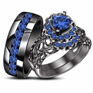 ritika created round cut blue sapphire in 925 sterling silver 14k black gold over diamond wedding band trio ring set for him & her