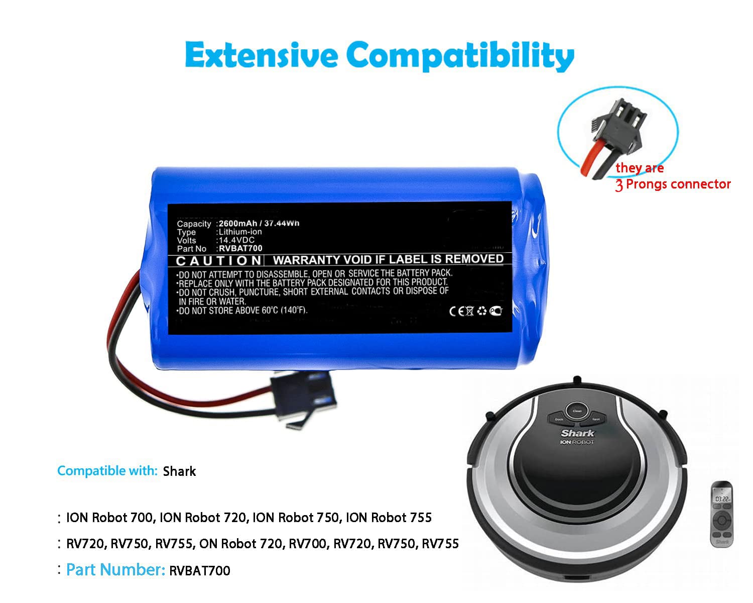 SCESMIA (3 Prong Plug) Replacement Battery for RVBAT700 RV750 RV720 RV700 ION Robot 720 750 755 Series Vacuum Cleaners 2600mAh