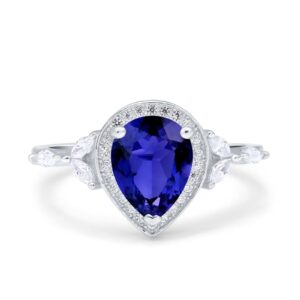 Simulated Blue Sapphire CZ Size-8 Teardrop Pear Art Deco Engagement Wedding Bridal Halo Ring Round Marquise Simulated CZ 925 Sterling Silver