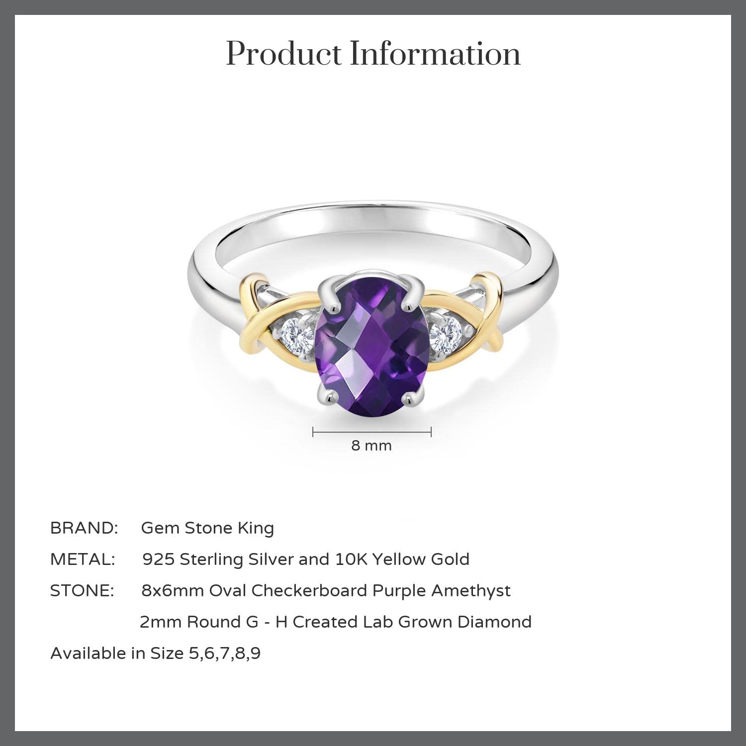 Gem Stone King 2 Tone 10K Yellow Gold and 925 Sterling Silver Oval Checkerboard Purple Amethyst and Lab Grown Diamond Engagement Ring For Women (1.28 Cttw, Available in Size 5,6,7,8,9)