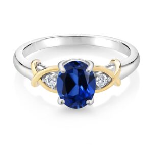 Gem Stone King 2 Tone 10K Yellow Gold and 925 Sterling Silver Blue Created Sapphire and Lab Grown Diamond Ring For Women (1.68 Cttw, Available in Size 5,6,7,8,9)