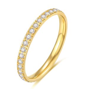 KAZITSAN 2mm Stainless Steel Eternity Rings for Women Cubic Zirconia Gold Engagement Wedding Band Size 8