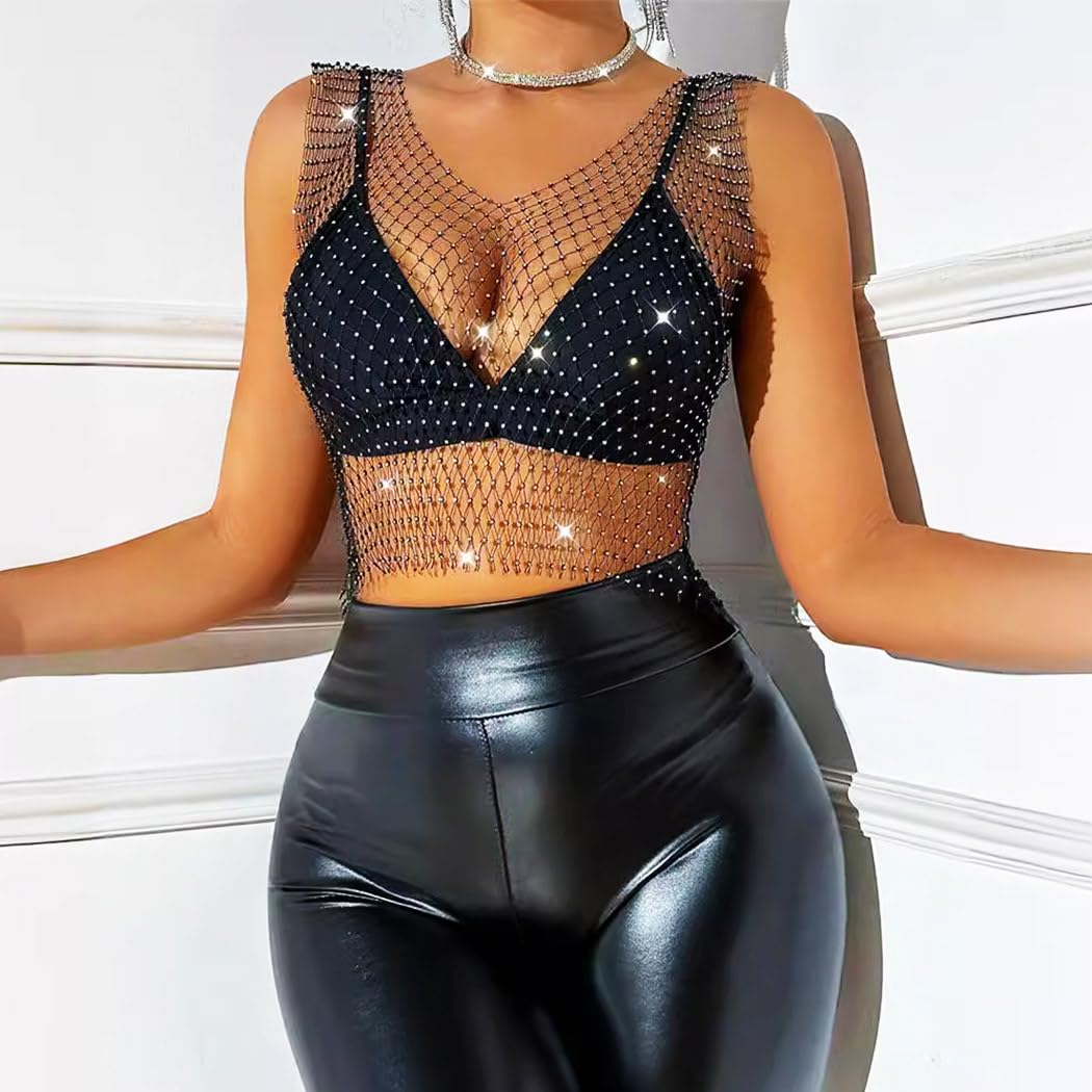 Graeen Mesh Rhinestone Crop Top Sleeveless Crystal Bra Chain Underwear Elastic Hand-woven Fishnet Bikini Top Sxey Nightclub Body Chain Jewelry for Women (Black A)