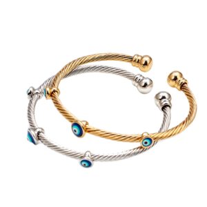 TEEPOLLO Evil Eye Bracelets Bangles-Turkey Lucky 14k Gold Silver Plated Evil Eye Bracelets-Blue Evil Eye Protection Bangles Bracelets Stacks for Women Girls (Set of 2)