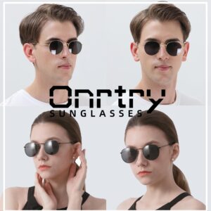 Onrtry Small Round Polarized Sunglasses for Men Women Classic Circle Metal Frame Sun Glasses 2 Pack (Gold/Black + Black/Black)