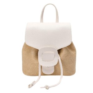 Hoce Straw Backpack Purse Mini Drawstring Flap Backpack for Women Beach (White)