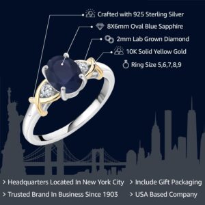 Gem Stone King 10K Yellow Gold and 925 Sterling Silver Blue Sapphire and White Lab Grown Diamond Engagement Ring For Women | 1.88 Cttw | Oval 8X6MM | Ring Size 5-9