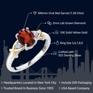 Gem Stone King 2 Tone 10K Yellow Gold and 925 Sterling Silver Red Garnet and White Lab Grown Diamond Ring For Women (1.58 Cttw, Available in Size 5,6,7,8,9)