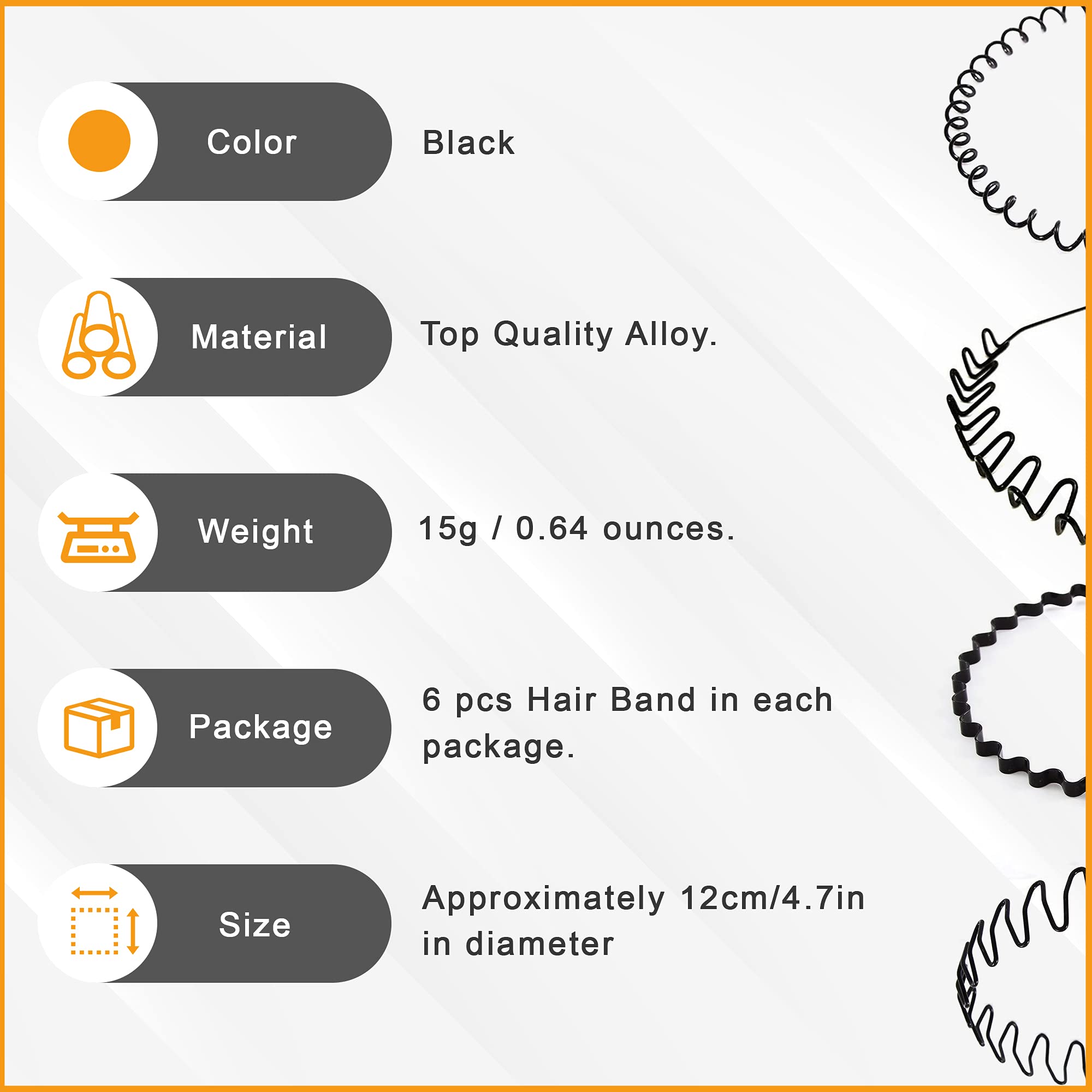 KAC Pack of 6 Unisex Wavy hair bands Non Slip Metal Head Bands for Sports, Outdoor and Yoga, Black, 6 Piece Set