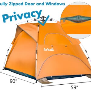 Arkali Beach Sun Shade Pop Up, Easy Pop Up Sun Shelter, Floor-Less Instant Beach Tent, UPF 50+, Orange, Size XL for Family 3 to 4 People