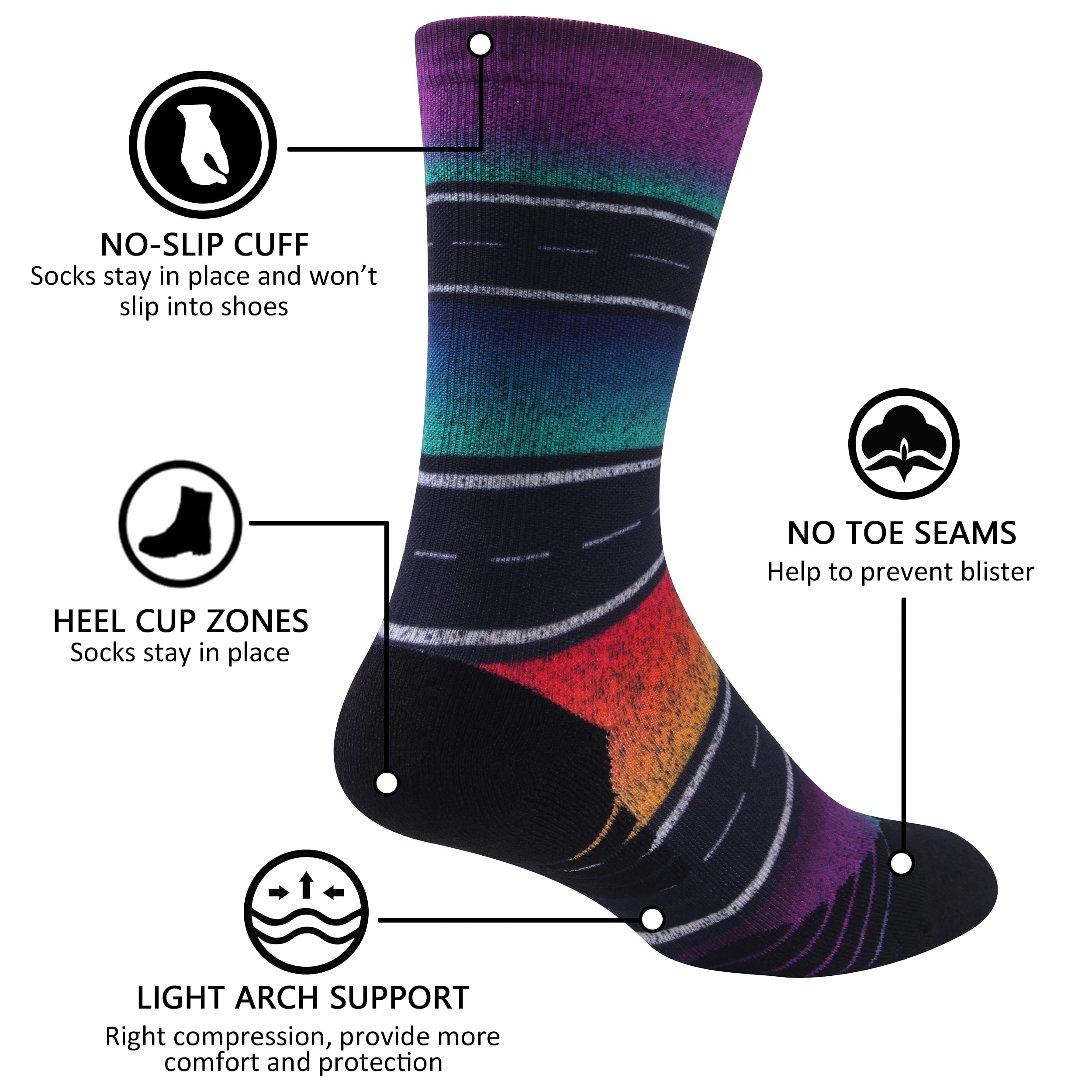 HUSO Rainbow Cycling & Hiking Funky Socks for Men Women, Cool Stripe Biking Art Design Moisture Wicking Crew Socks 4 Pairs (Multicolored, L/XL)