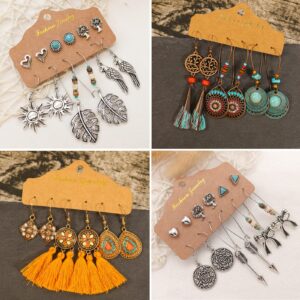 JMScape 45 Pairs Bohemian Vintage Drop Dangle Earrings Set for Women, Fashion Boho Earrings National Style Tassel Eardrop Hollow Bronze Waterdrop Leaf Jewelry for Valentine's Day Gifts