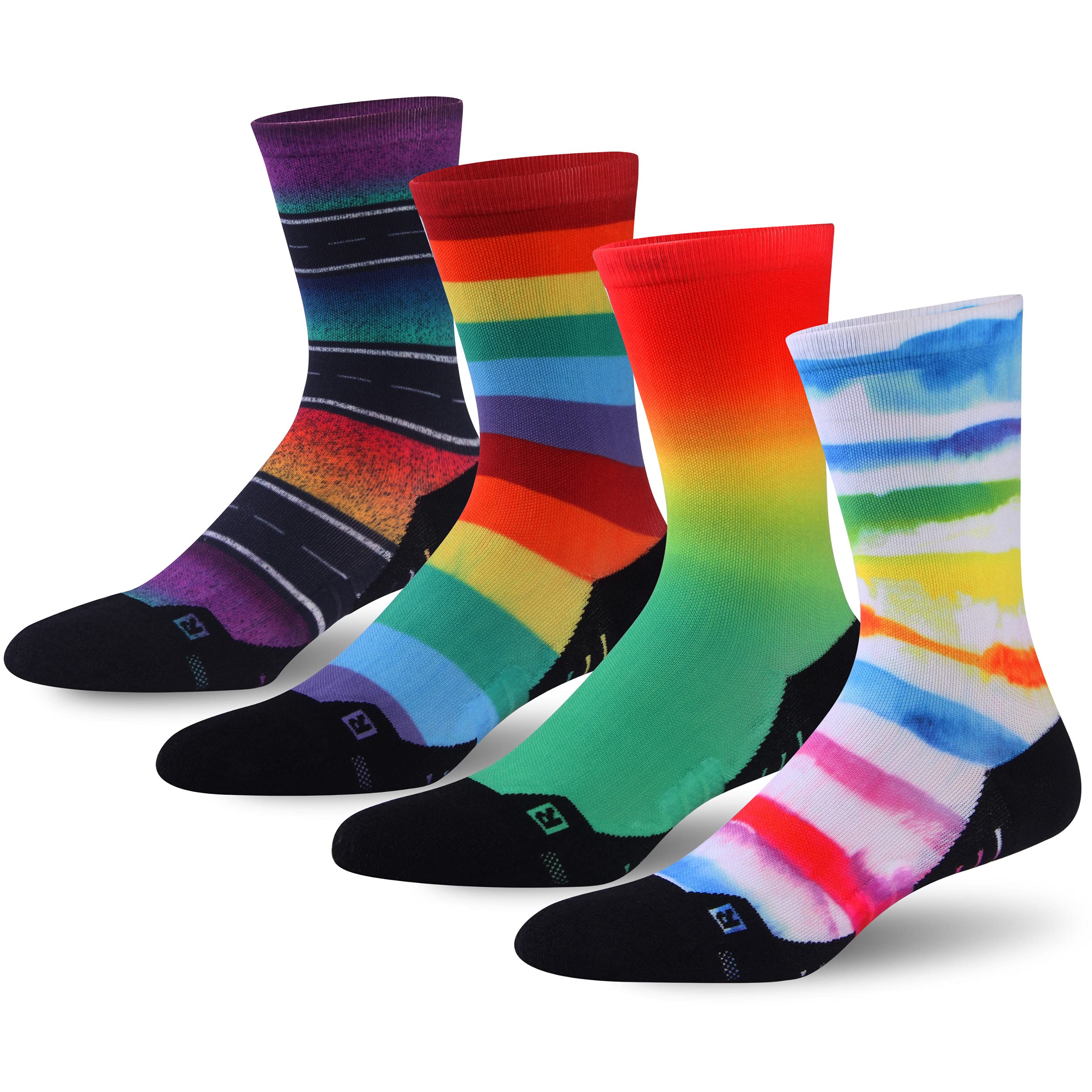 HUSO Rainbow Cycling & Hiking Funky Socks for Men Women, Cool Stripe Biking Art Design Moisture Wicking Crew Socks 4 Pairs (Multicolored, L/XL)