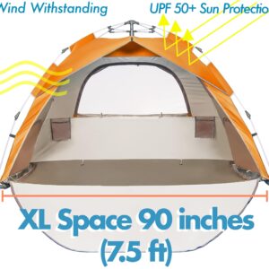 Arkali Beach Sun Shade Pop Up, Easy Pop Up Sun Shelter, Floor-Less Instant Beach Tent, UPF 50+, Orange, Size XL for Family 3 to 4 People