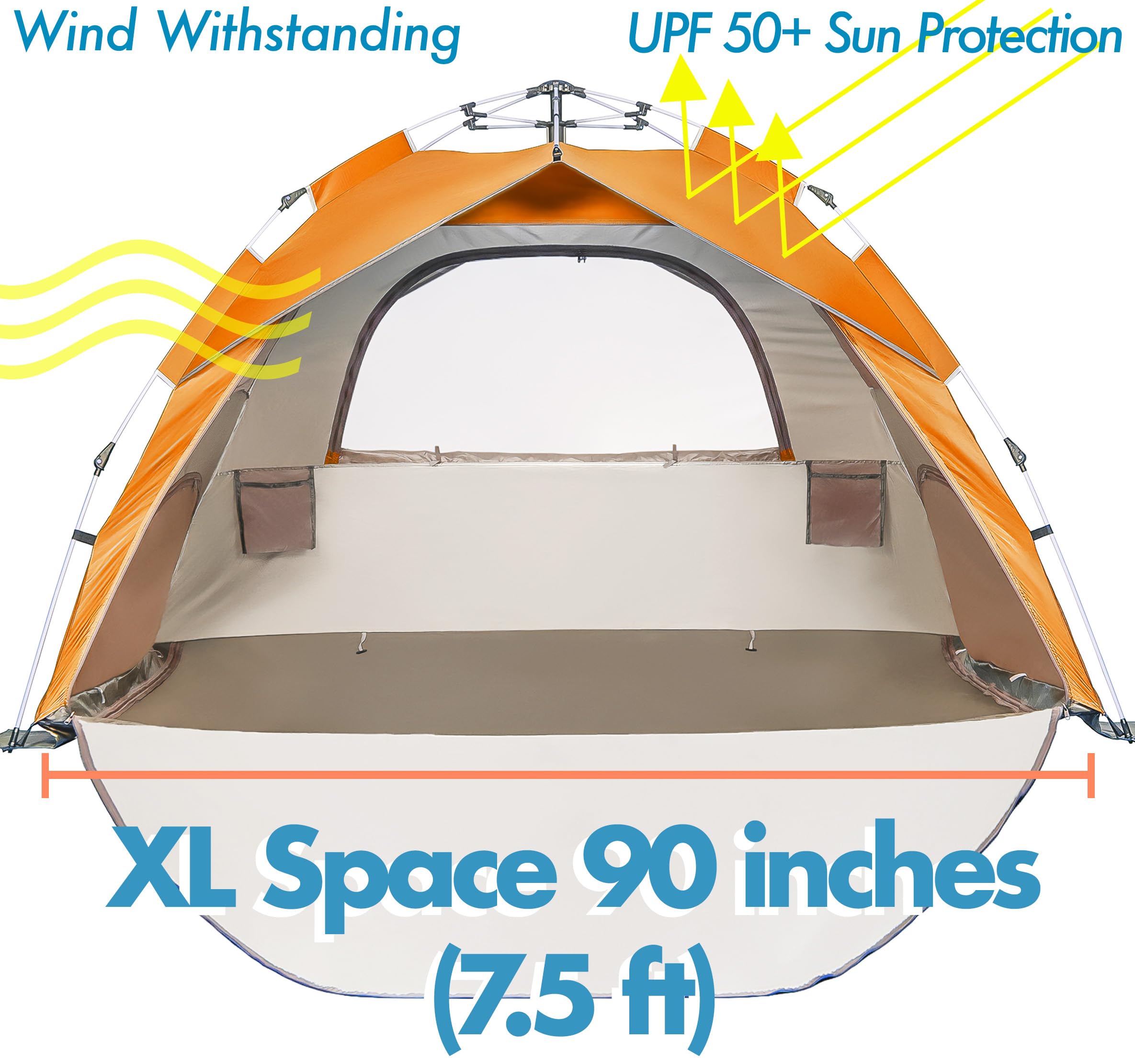 Arkali Beach Sun Shade Pop Up, Easy Pop Up Sun Shelter, Floor-Less Instant Beach Tent, UPF 50+, Orange, Size XL for Family 3 to 4 People